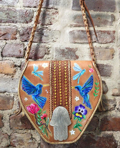 Moroccan American Tooled Leather Hand-painted Hummingbird, Dragonfly Purse