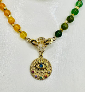 18K Gold Plated Evil Eye Semiprecious Rainbow Gemstone Beaded Necklace