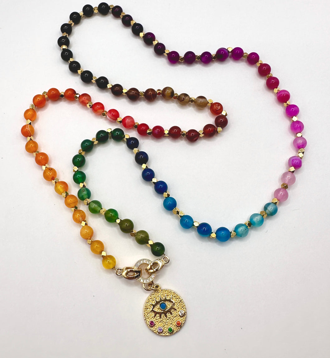 18K Gold Plated Evil Eye Semiprecious Rainbow Gemstone Beaded Necklace