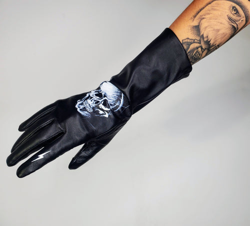 Skull Hand painted Lightning Bolt Black Leather Gloves