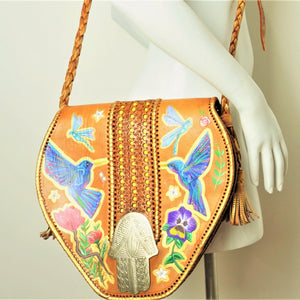 Moroccan American Tooled Leather Hand-painted Hummingbird, Dragonfly Purse