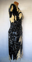 Load image into Gallery viewer, Vintage Lillie Rubin Sequin Ivory &amp; Black Leaf Motif Trophy Cocktail / Party Designer Dress