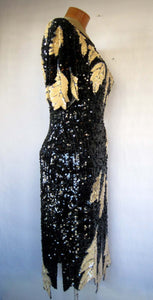 Vintage Lillie Rubin Sequin Ivory & Black Leaf Motif Trophy Cocktail / Party Designer Dress