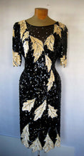 Load image into Gallery viewer, Vintage Lillie Rubin Sequin Ivory &amp; Black Leaf Motif Trophy Cocktail / Party Designer Dress